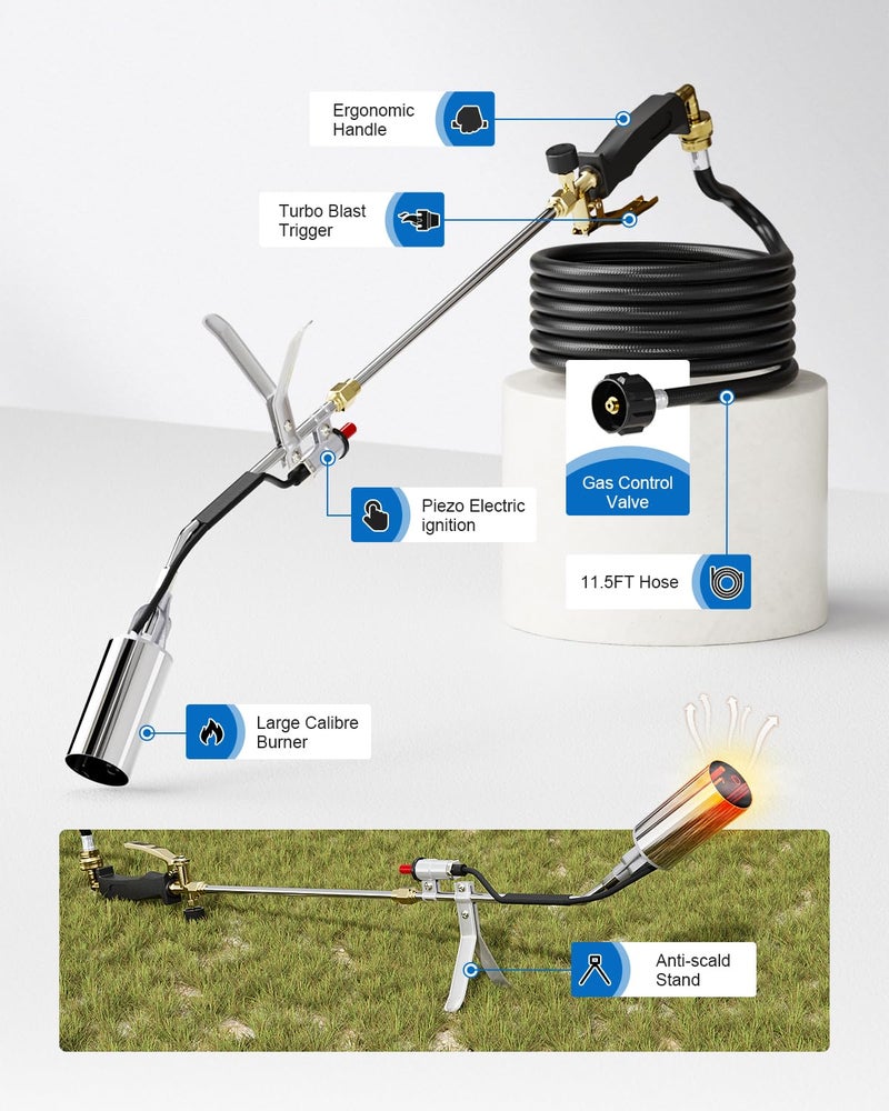 BEBOBLY Propane Torch Weed Burner, High Output with QCC 12 FT Hose, Weed Torch 340,000 BTU Fire Weeder, Heavy Duty Blow Torch FireThrower Gun with Self Igniter for Weeding BBQ Asphalt Snow Melting - Image 4